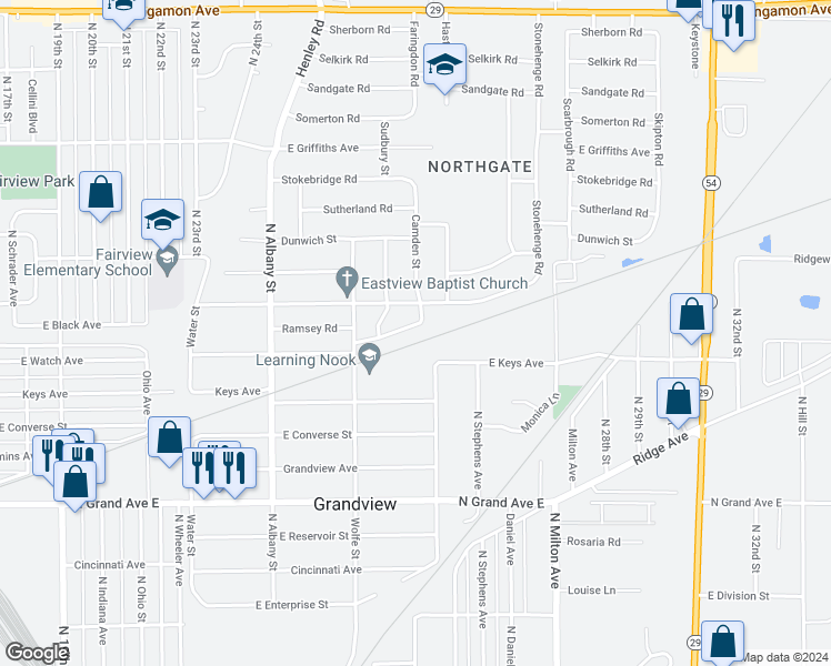 map of restaurants, bars, coffee shops, grocery stores, and more near 2350 Ramsey Road in Springfield