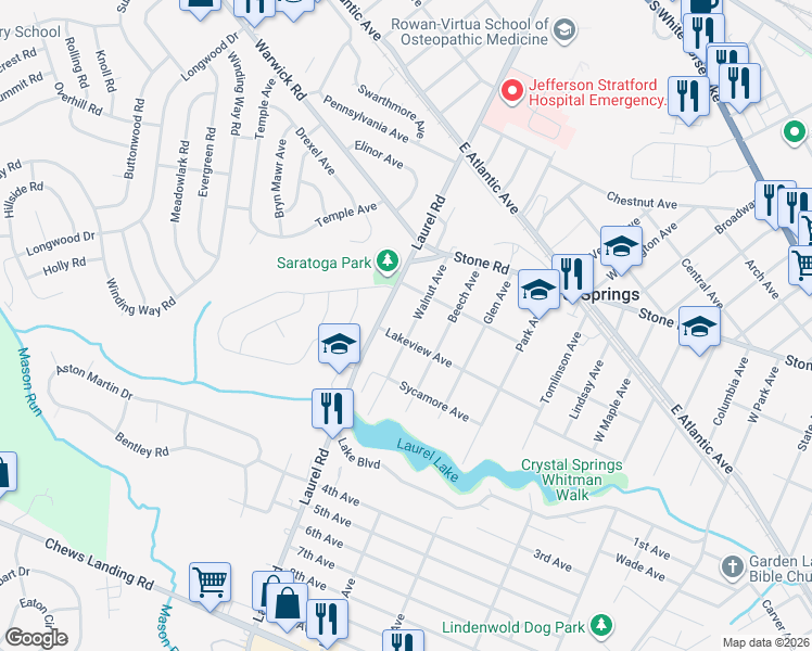 map of restaurants, bars, coffee shops, grocery stores, and more near 510 Walnut Avenue in Laurel Springs
