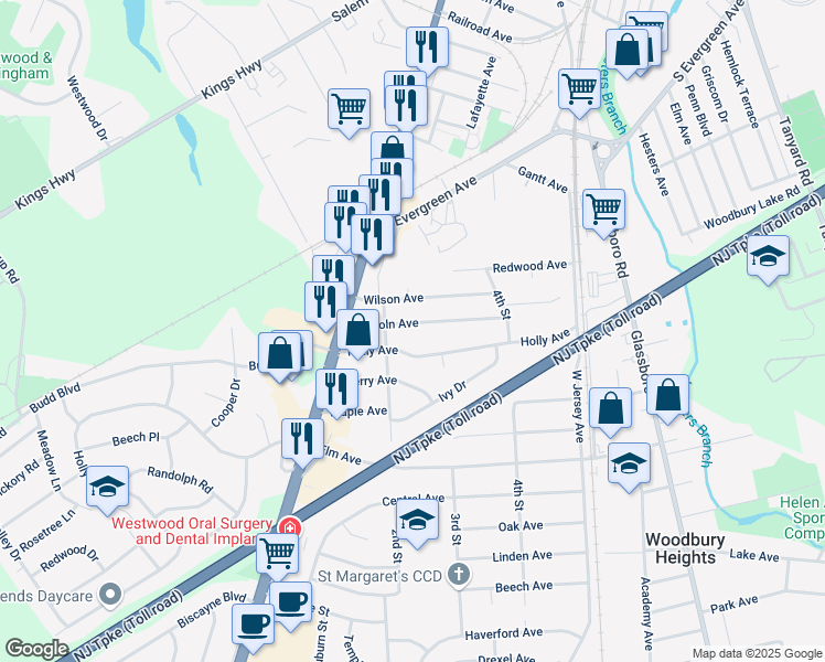 map of restaurants, bars, coffee shops, grocery stores, and more near 248 Lincoln Avenue in Woodbury Heights