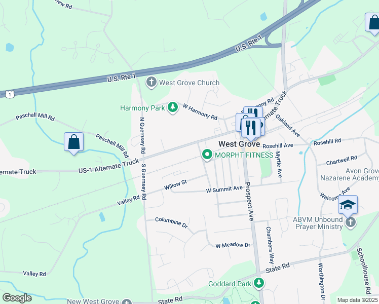map of restaurants, bars, coffee shops, grocery stores, and more near 222 West Evergreen Street in West Grove