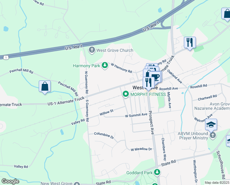 map of restaurants, bars, coffee shops, grocery stores, and more near 222 West Evergreen Street in West Grove