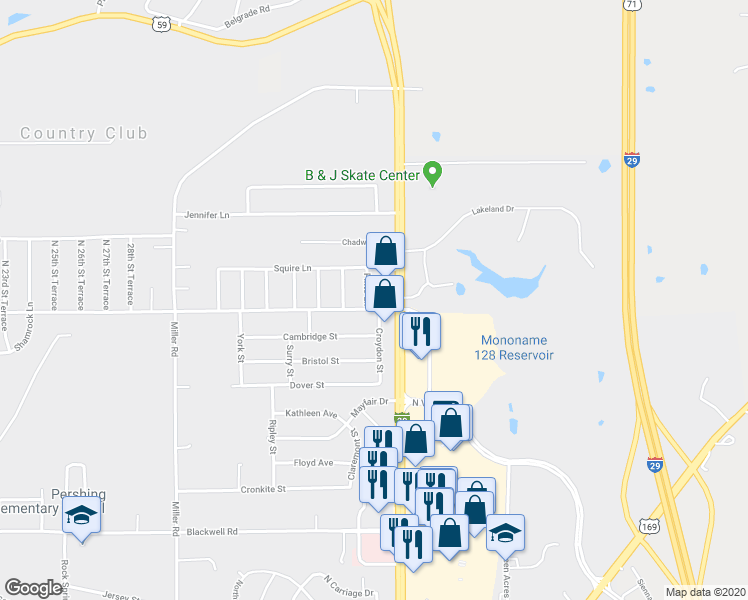 map of restaurants, bars, coffee shops, grocery stores, and more near 6123 Pinto Lane in Country Club