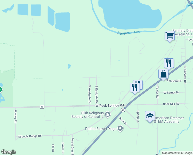 map of restaurants, bars, coffee shops, grocery stores, and more near 1701 South Eastgate Drive in Decatur