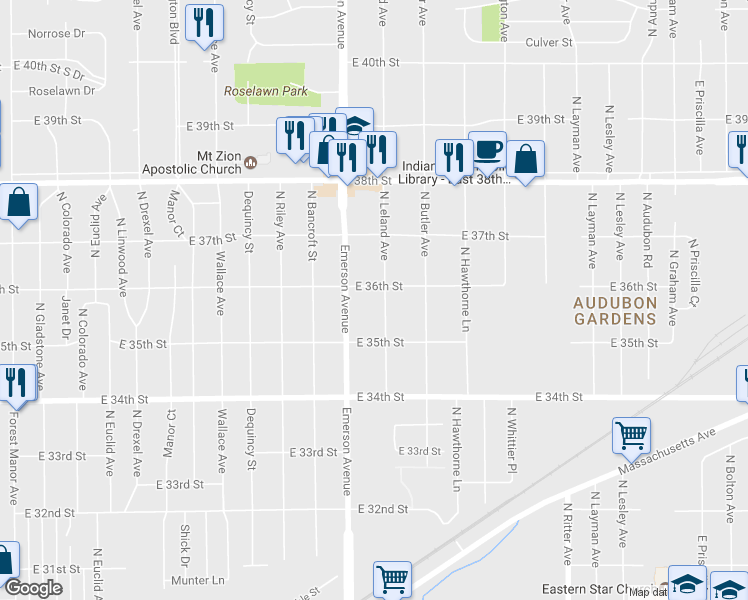map of restaurants, bars, coffee shops, grocery stores, and more near 3562 North Leland Avenue in Indianapolis