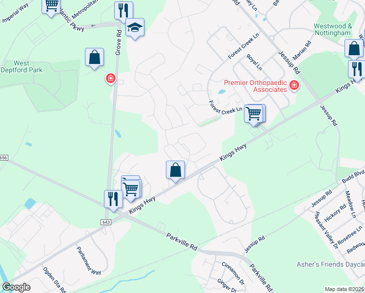 map of restaurants, bars, coffee shops, grocery stores, and more near Lionheart Lane in West Deptford
