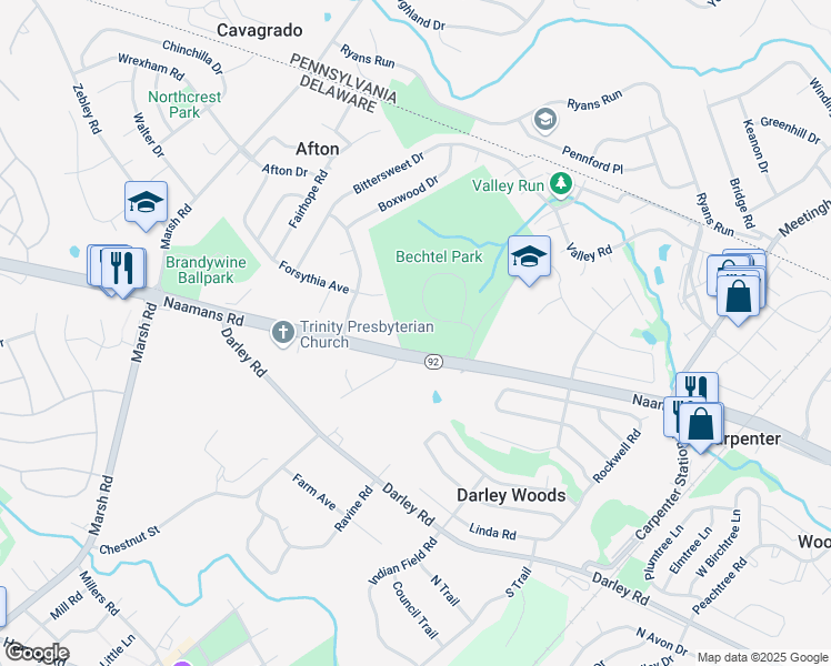 map of restaurants, bars, coffee shops, grocery stores, and more near 1301 Naamans Road in Wilmington