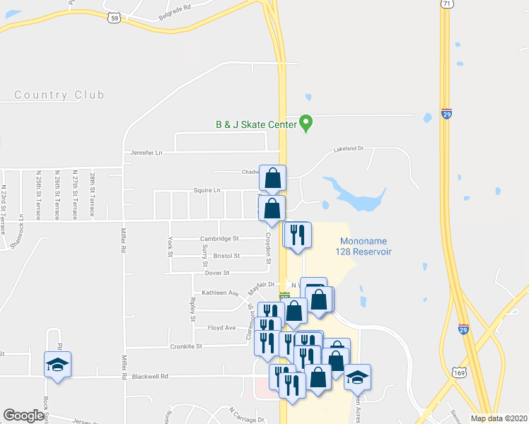 map of restaurants, bars, coffee shops, grocery stores, and more near 6125 Pinto Lane in Country Club