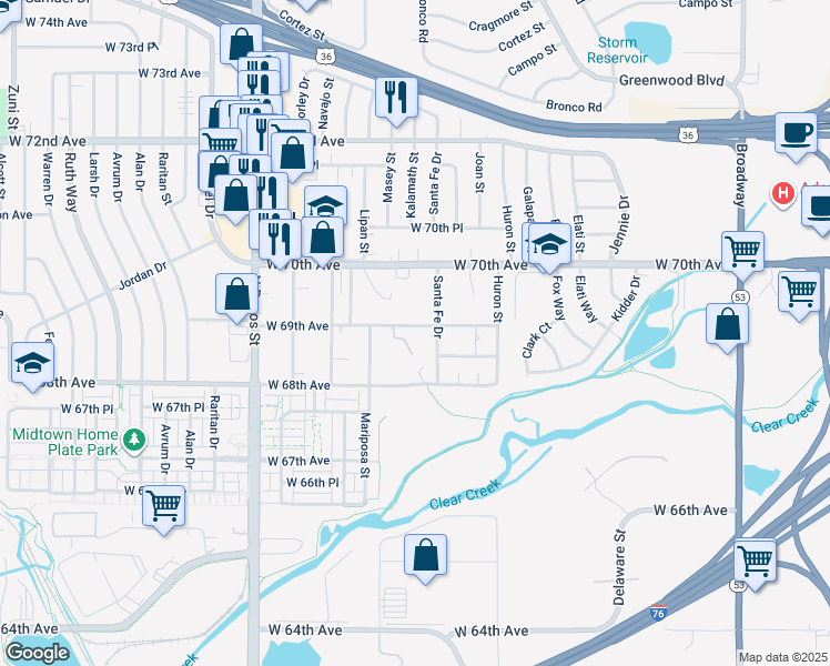map of restaurants, bars, coffee shops, grocery stores, and more near 1080 West 69th Avenue in Denver