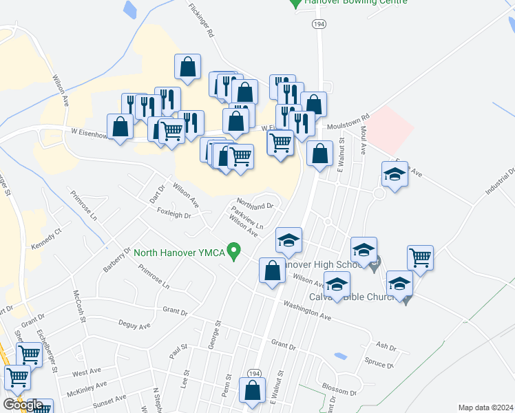 map of restaurants, bars, coffee shops, grocery stores, and more near 513 Parkview Lane in Hanover