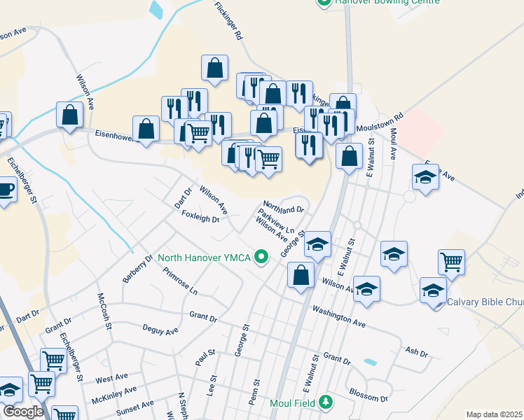 map of restaurants, bars, coffee shops, grocery stores, and more near 402 Parkview Lane in Hanover