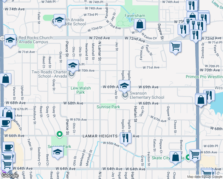 map of restaurants, bars, coffee shops, grocery stores, and more near 6249 West 69th Avenue in Arvada