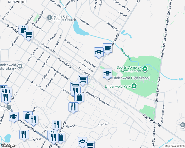 map of restaurants, bars, coffee shops, grocery stores, and more near 756 East Gibbsboro Road in Lindenwold