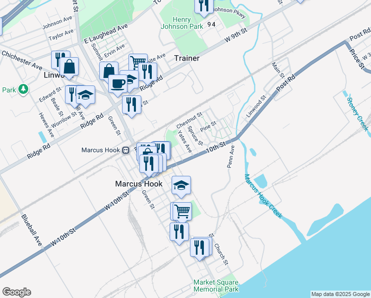 map of restaurants, bars, coffee shops, grocery stores, and more near 1013 Yates Avenue in Marcus Hook