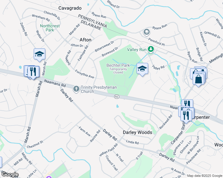 map of restaurants, bars, coffee shops, grocery stores, and more near 1301 Naamans Rd in Wilmington