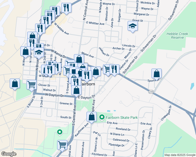 map of restaurants, bars, coffee shops, grocery stores, and more near 24 North Maple Avenue in Fairborn