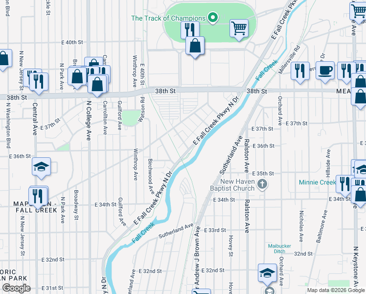 map of restaurants, bars, coffee shops, grocery stores, and more near 3540 Balsam Avenue in Indianapolis