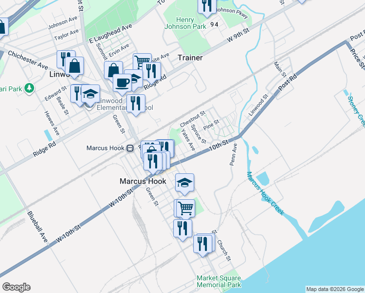 map of restaurants, bars, coffee shops, grocery stores, and more near 1018 McClenachan Terrace in Marcus Hook