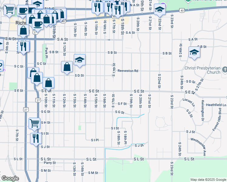 map of restaurants, bars, coffee shops, grocery stores, and more near South E Street in Richmond