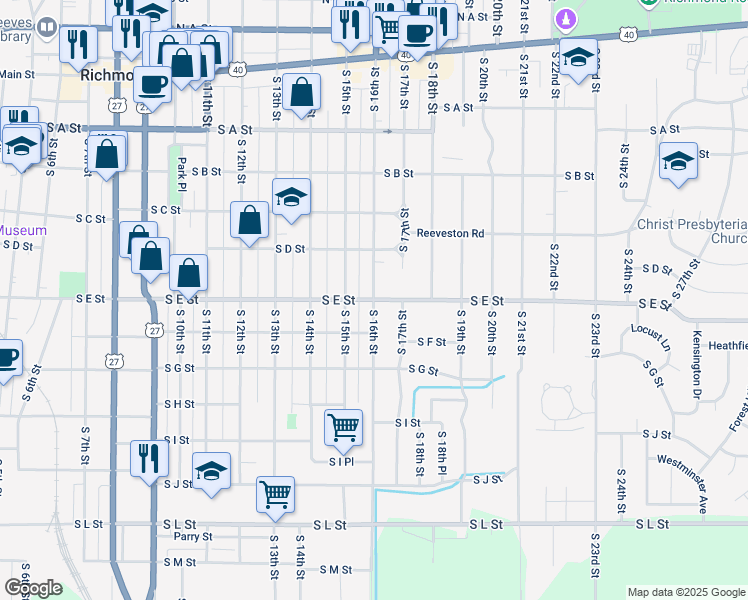 map of restaurants, bars, coffee shops, grocery stores, and more near South E Street in Richmond