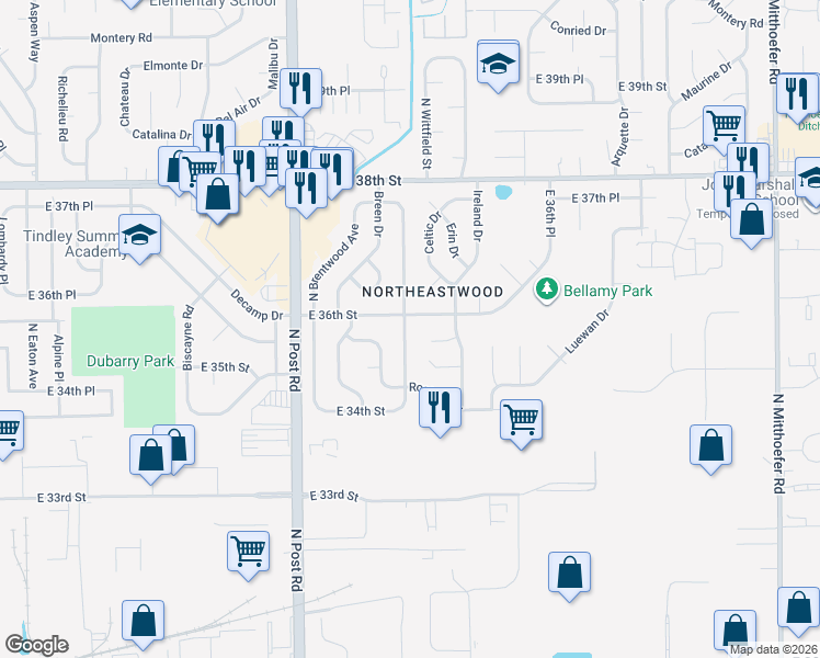 map of restaurants, bars, coffee shops, grocery stores, and more near 9205 East 36th Place in Indianapolis
