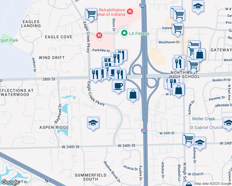 map of restaurants, bars, coffee shops, grocery stores, and more near 6925 West 38th Street in Indianapolis
