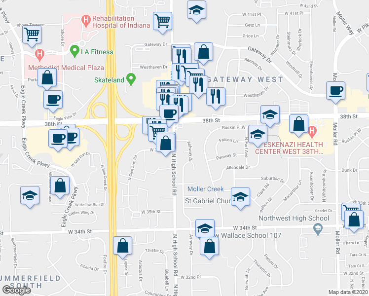 map of restaurants, bars, coffee shops, grocery stores, and more near 3680 Chatsbee Court in Indianapolis