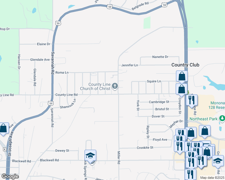 map of restaurants, bars, coffee shops, grocery stores, and more near 7 Herner Drive in Country Club
