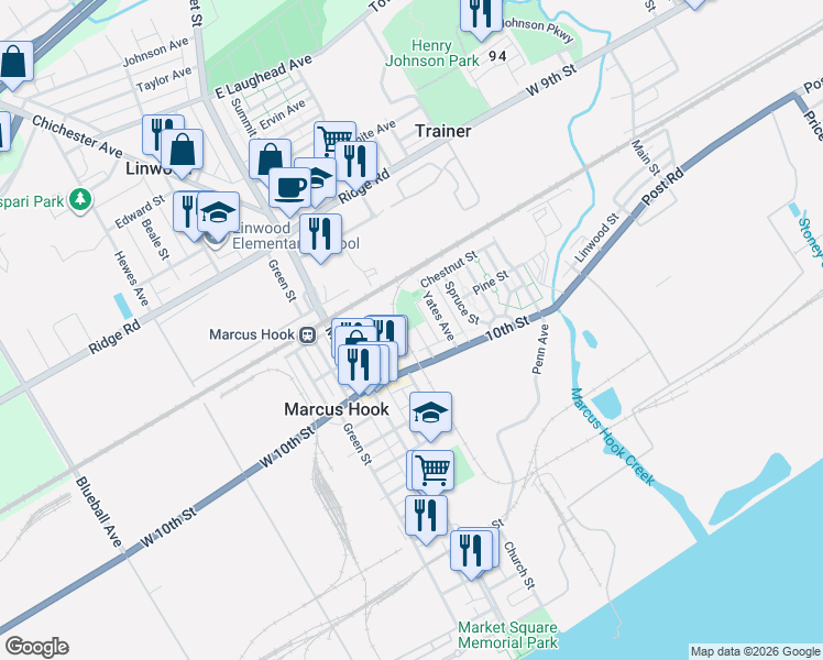 map of restaurants, bars, coffee shops, grocery stores, and more near 1018 McClenachan Terrace in Marcus Hook