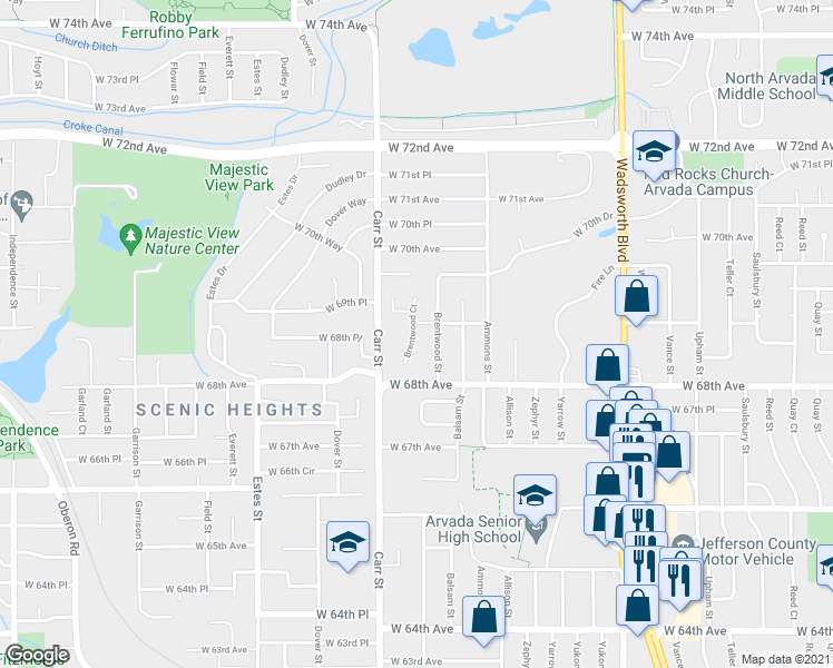 map of restaurants, bars, coffee shops, grocery stores, and more near 6888 Brentwood Court in Arvada