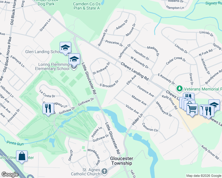 map of restaurants, bars, coffee shops, grocery stores, and more near 71 South Brookline Drive in Laurel Springs