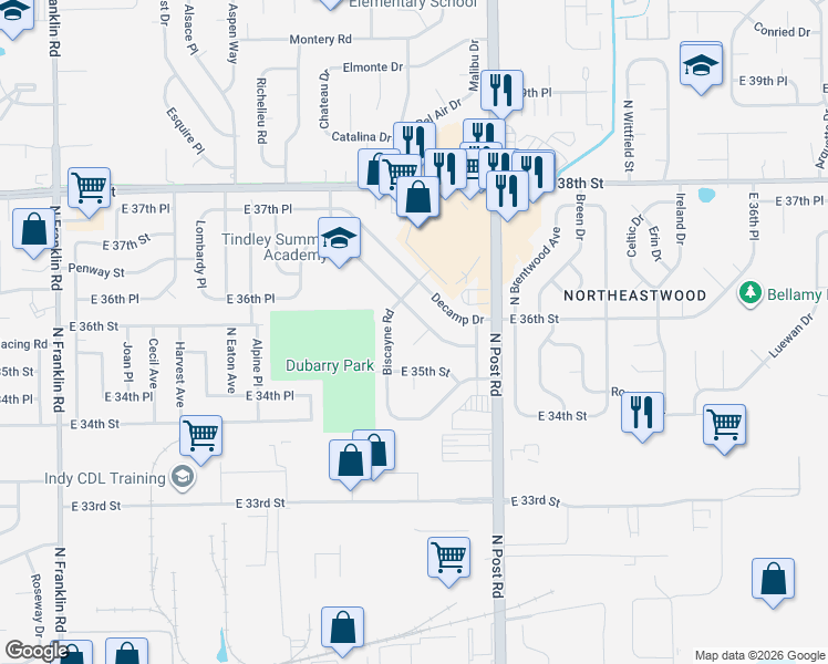 map of restaurants, bars, coffee shops, grocery stores, and more near 3570 Dubarry Road in Indianapolis