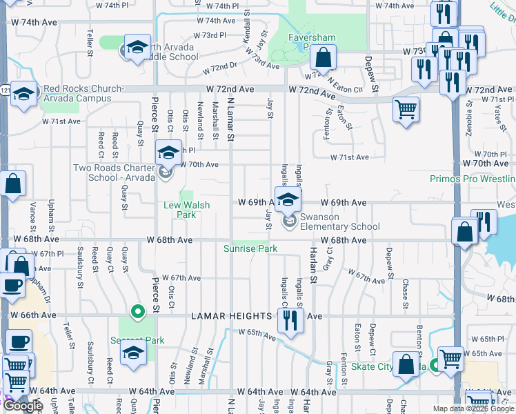 map of restaurants, bars, coffee shops, grocery stores, and more near 6249 West 69th Avenue in Arvada