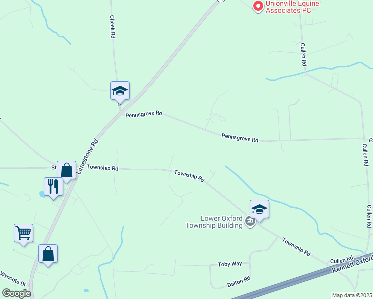 map of restaurants, bars, coffee shops, grocery stores, and more near 190 Penns Grove Road in Oxford