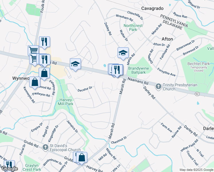 map of restaurants, bars, coffee shops, grocery stores, and more near 2418 Larkwood Drive in Wilmington