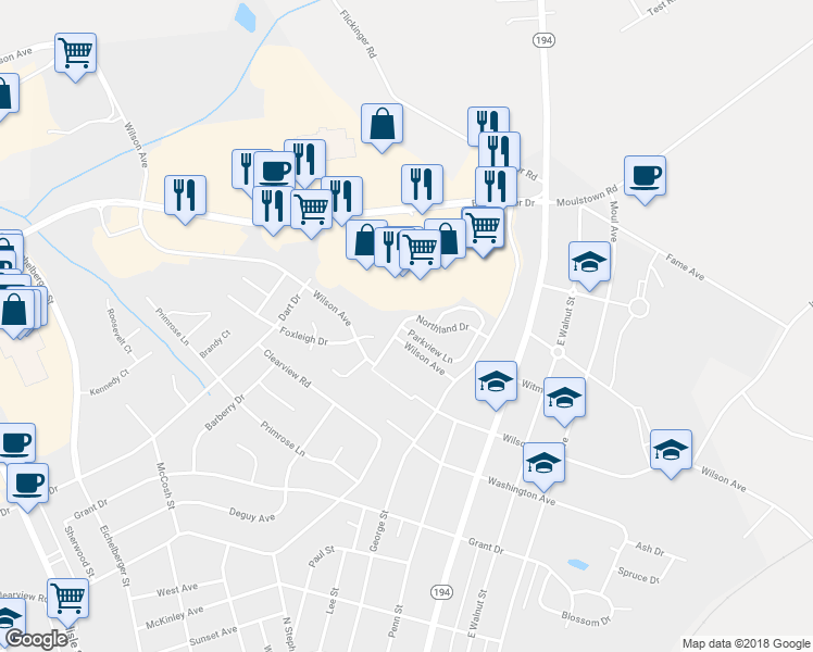 map of restaurants, bars, coffee shops, grocery stores, and more near 400 Parkview Lane in Hanover