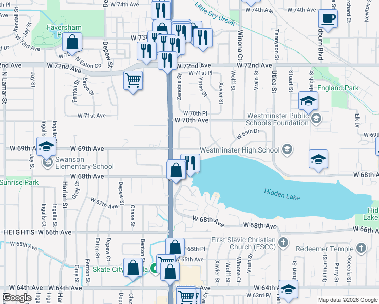 map of restaurants, bars, coffee shops, grocery stores, and more near 5051 West 69th Avenue in Westminster