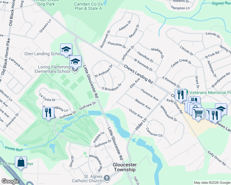 map of restaurants, bars, coffee shops, grocery stores, and more near 71 South Brookline Drive in Laurel Springs