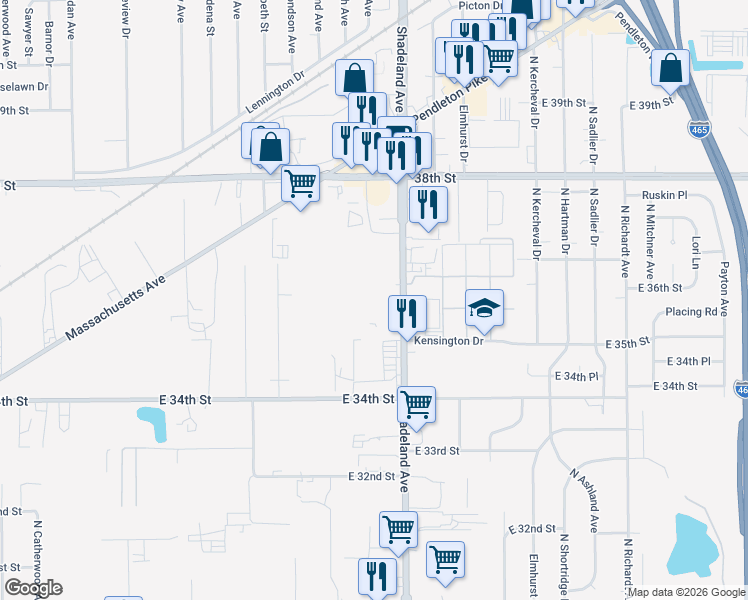 map of restaurants, bars, coffee shops, grocery stores, and more near 3616 North Shadeland Avenue in Indianapolis