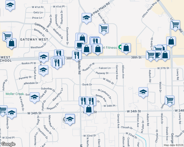 map of restaurants, bars, coffee shops, grocery stores, and more near 3630 North Norfolk Street in Indianapolis