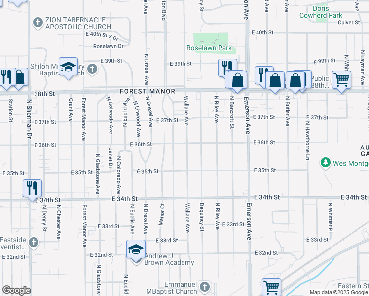 map of restaurants, bars, coffee shops, grocery stores, and more near 3584 Wallace Avenue in Indianapolis