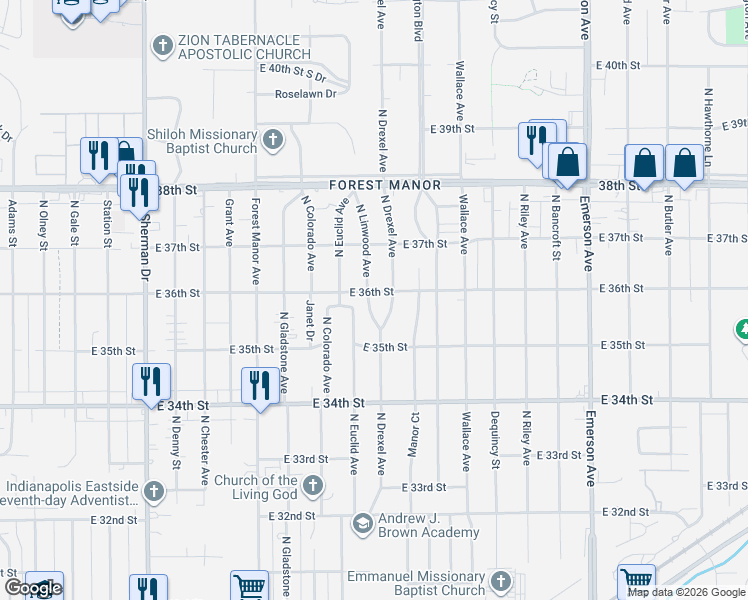 map of restaurants, bars, coffee shops, grocery stores, and more near 3602 North Drexel Avenue in Indianapolis