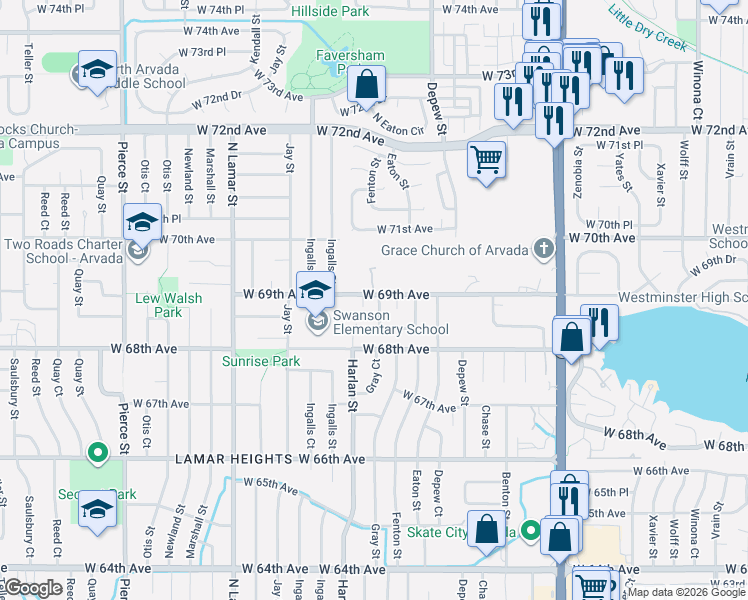 map of restaurants, bars, coffee shops, grocery stores, and more near 6897 Gray Drive in Arvada