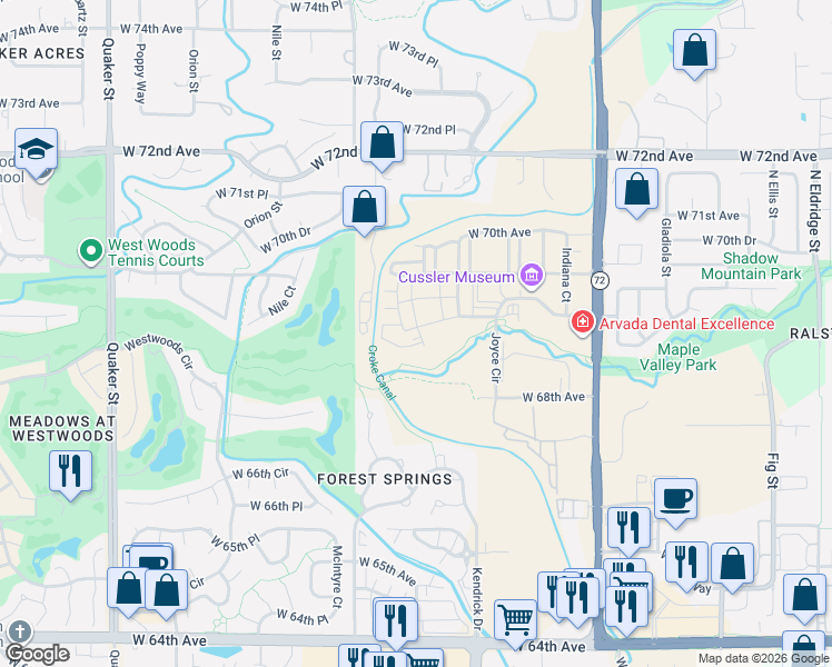 map of restaurants, bars, coffee shops, grocery stores, and more near 6860 Kilmer Street in Arvada