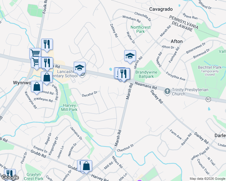 map of restaurants, bars, coffee shops, grocery stores, and more near 2418 Larkwood Drive in Wilmington