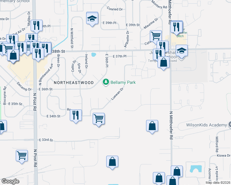map of restaurants, bars, coffee shops, grocery stores, and more near 3500 Luewan Drive in Indianapolis