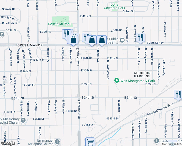 map of restaurants, bars, coffee shops, grocery stores, and more near 3562 North Leland Avenue in Indianapolis