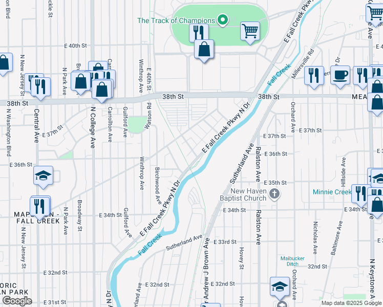map of restaurants, bars, coffee shops, grocery stores, and more near 3540 Balsam Avenue in Indianapolis