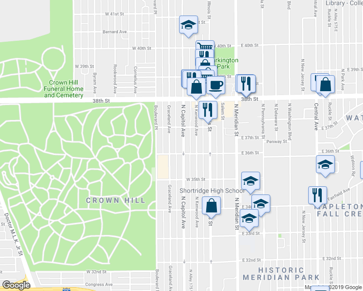 map of restaurants, bars, coffee shops, grocery stores, and more near 3631 North Capitol Avenue in Indianapolis