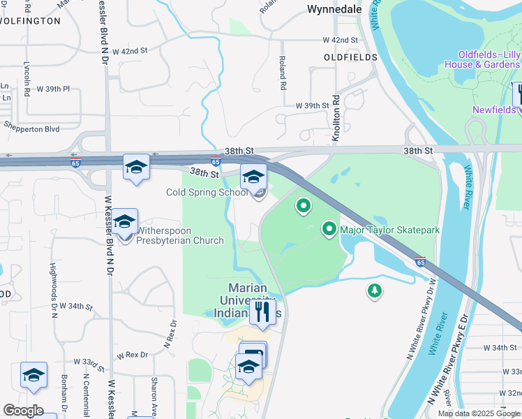 map of restaurants, bars, coffee shops, grocery stores, and more near 3650 Cold Spring Road in Indianapolis