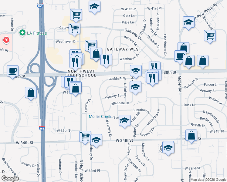 map of restaurants, bars, coffee shops, grocery stores, and more near 5927 Falcon Lane in Indianapolis
